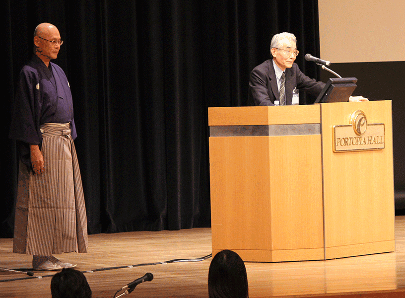 picture shows Prof. Shibasaki and me in the traditional Japanese samurai clothing, Kimono