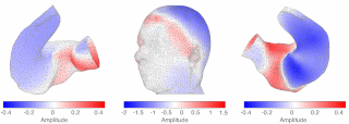 Example of a scalp topography (middle) with corresponding ear-topographies (left and right). The topographies were calculated using an individualized ear-EEG forward model as described by Kappel et al. 